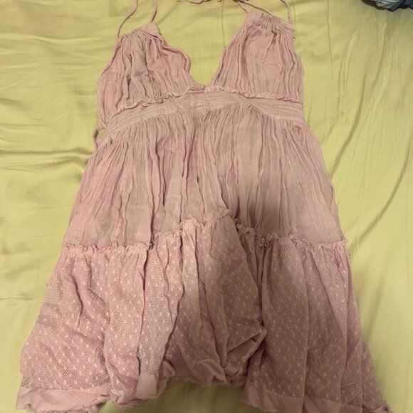 Free People 100 Degrees Swiss Dot Backless Halter Mini Dress Pink Dusty Rose - Picture 4 of 4